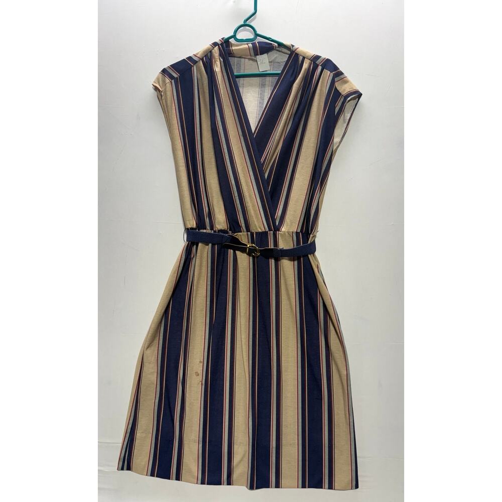 Vintage Women’s Striped Dress – Size 12 Beige & Navy Stripes – Belted, V-Neck